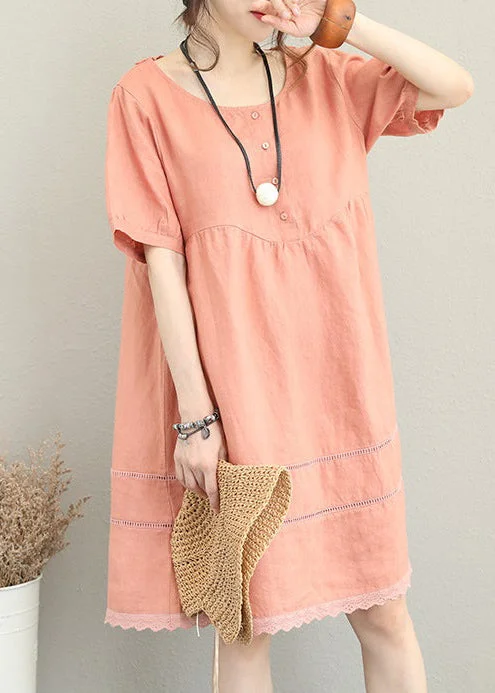 boutique light orange Midi linen dresses oversize linen clothing dress fine patchwork lace hollow out midi dress Lace Dress Accent