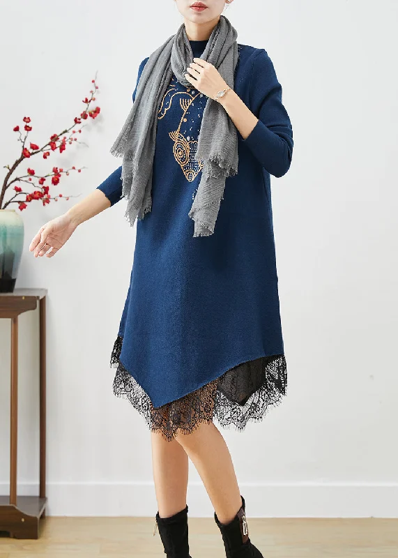 Navy Patchwork Lace Knitted Dress Asymmetrical Print Fall Modern Lace Dress