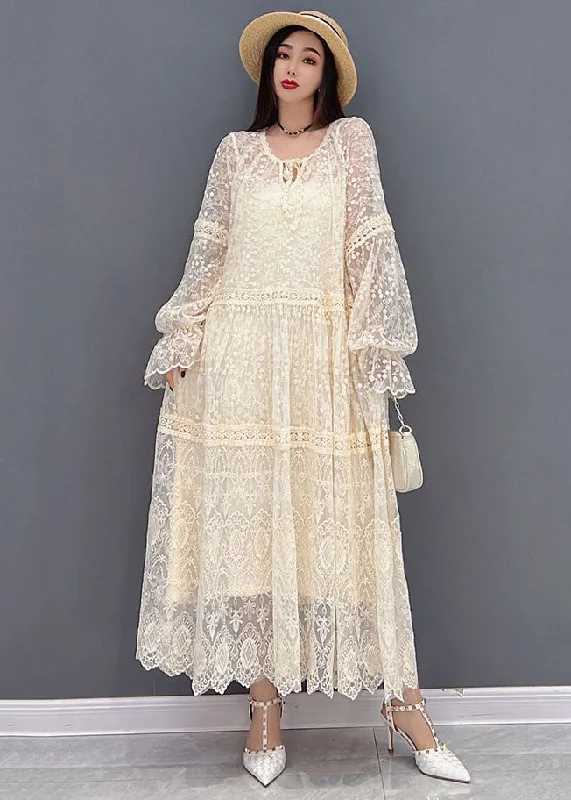 Women Beige O-Neck Hollow Out Lace Holiday Dress Long Sleeve Lace High Neck Dress