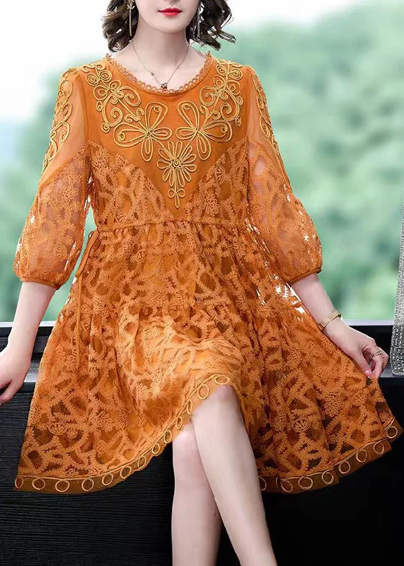 Orange Lace Holiday Dresses Cinched Exra Large Hem Summer Lace Dress Perfect