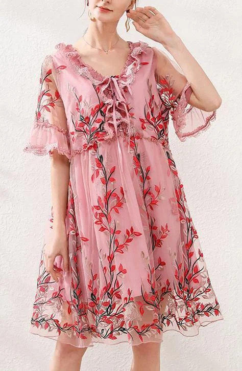 Natural Pink Embroidery Lace Bow Summer Dress Lace Evening Gown