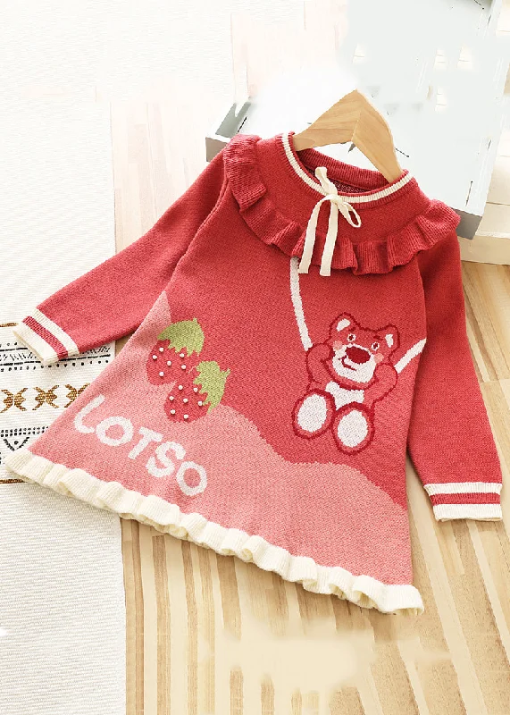 New Red Ruffled Lace Up Knit Kids Sweater Dresses Fall Lace Dress Bohemian