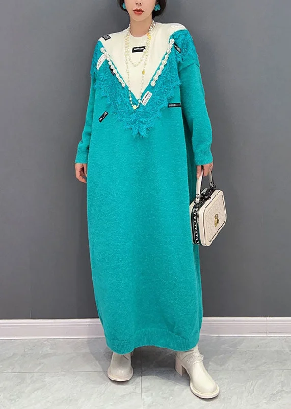 Women Blue O-Neck Oversized Lace Patchwork Knit Long Sweater Spring Lace Dress Look