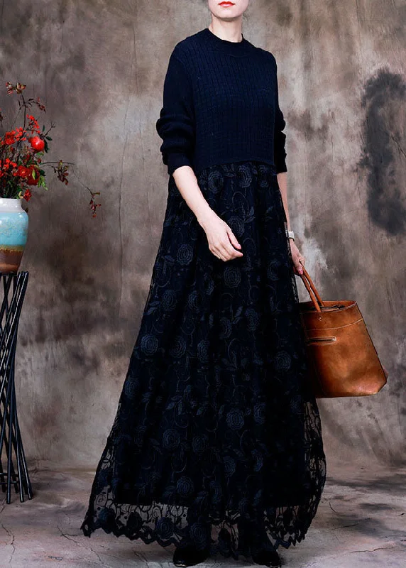 Fashion Black Lace Patchwork Knit Knitted Dress Winter Lace Fit-and-Flare