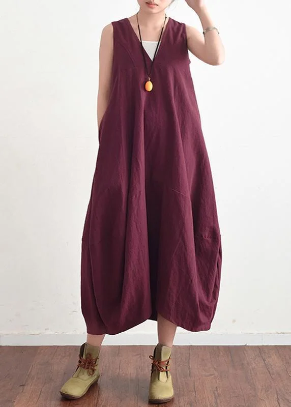 Summer V Neck Cotton Linen Long Dress Solid Baggy Casual Lace Up Backless Elegant Lace Design