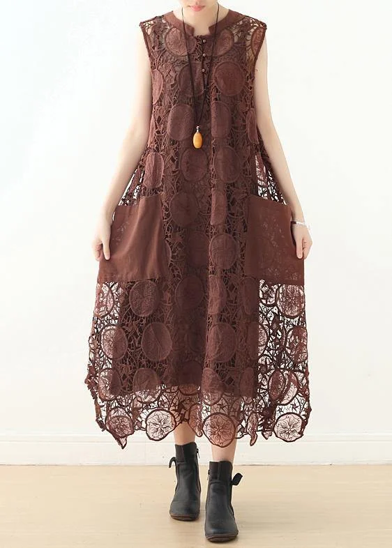 Organic Chocolate sleeveless cotton Tunics o neck lace summer Dresses Lace Dress Sleek