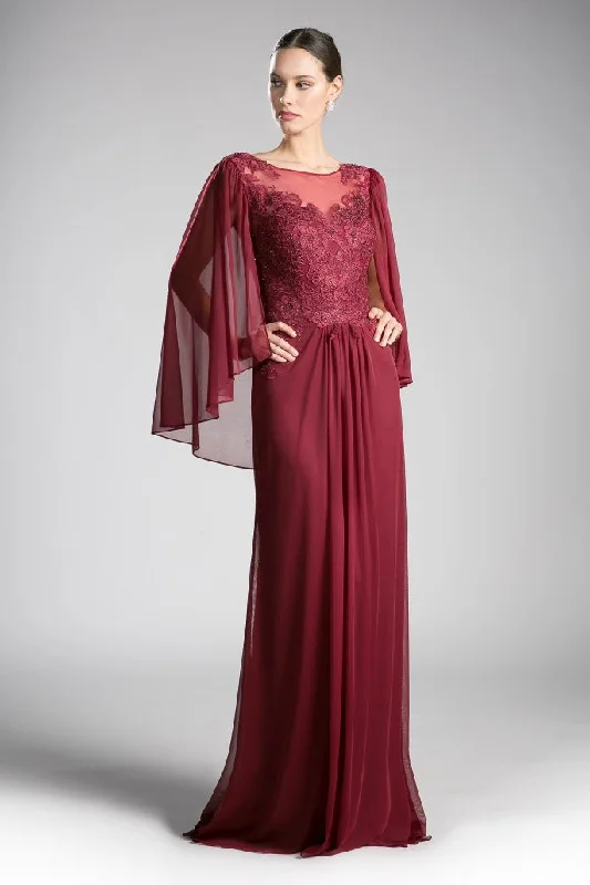 CD 0001 Size 10 Burgundy Long Mother Of Chiffon Formal Dress Draped Cape Sleeve Lace Off-the-shoulder Lace