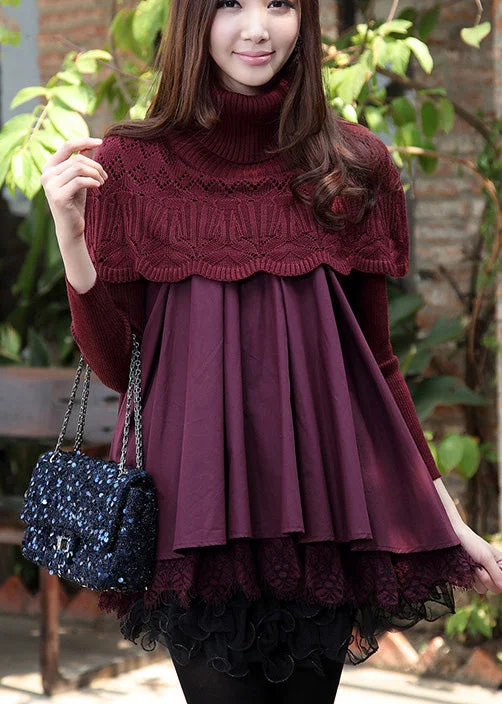 Style Purple Knit Patchwork Lace Winter Knit Dress Lace Dress Party