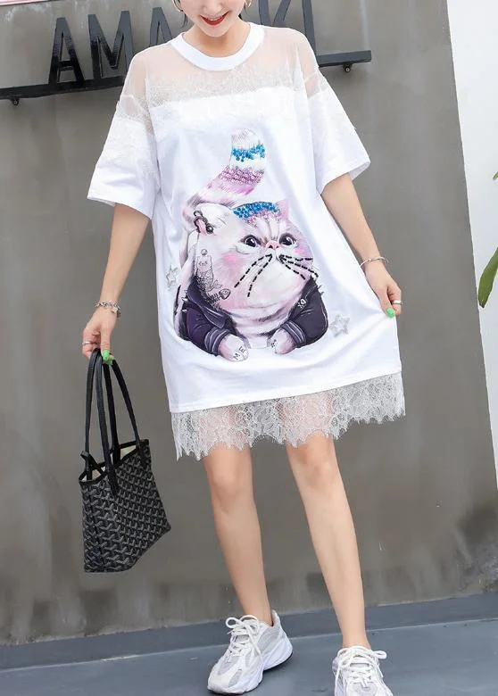 Women Cartoon print Cotton Tunics Inspiration white patchwork lace Dresses summer Blue Lace Dress