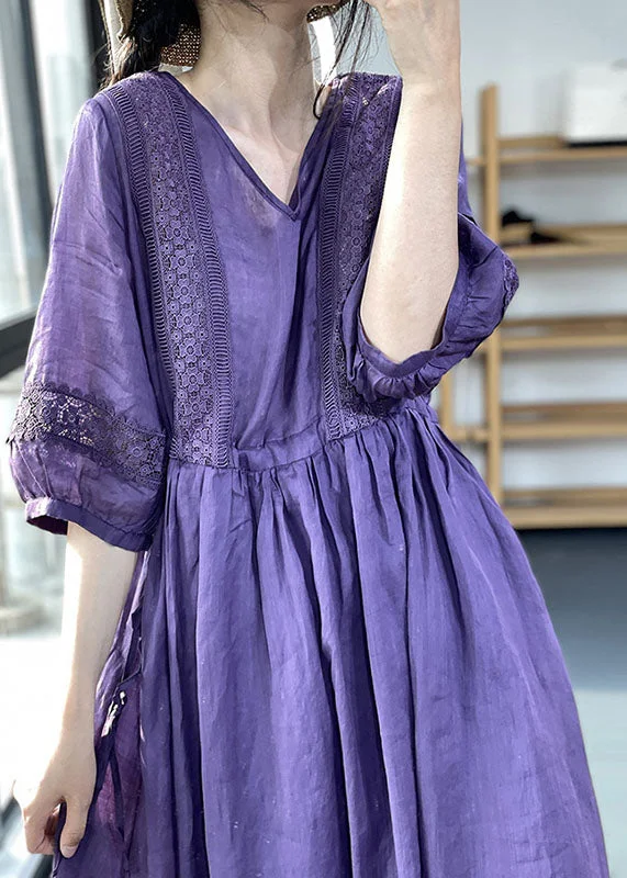 Diy Purple V Neck Cinched Lace Patchwork Exra Large Hem Cotton Dresses Lantern Sleeve Lace Gown Glam