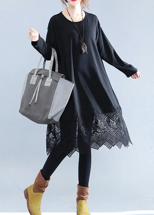 Fine Black Cotton Dresses Casual Cotton Clothing Dresses Fine Lace Ruffles Long Sleeve Cotton Dresses Lace Detail Gown