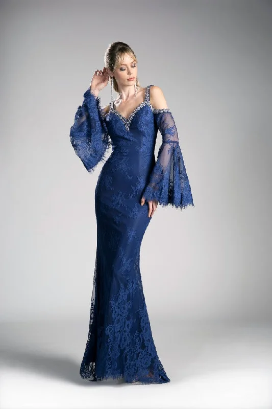 CD 13112 Size 10 Navy Lace off the shoulder bell sleeve mother of dress formal evening gown Lace Dress Flare