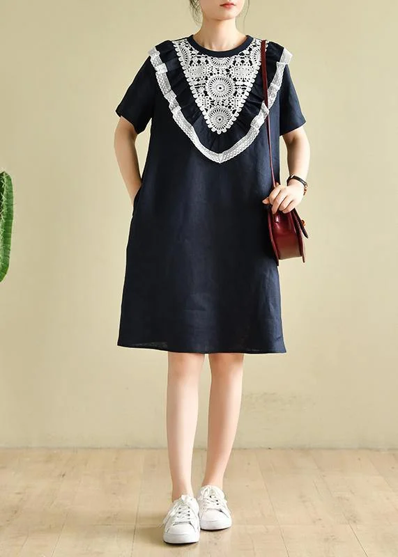 Women navy patchwork lace quilting clothes o neck loose Dress Lace Dress Design