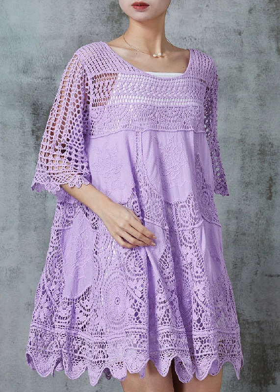 Purple Loose Lace Mini Dress Hollow Out Summer Soft Lace Dress