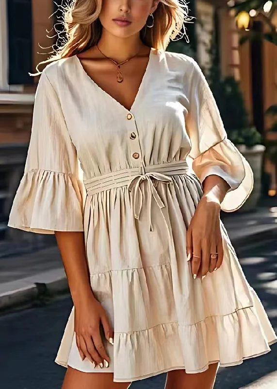 Modern Beige V Neck Lace Up Wrinkled Cotton Mid Dresses Summer Lace Dress Elegance