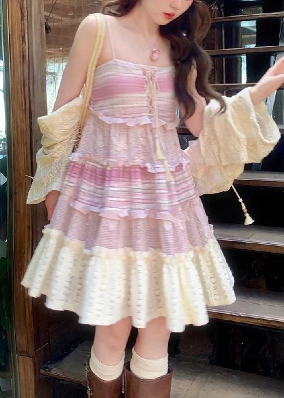 Cute Pink Lace Up Ruffled Knit Mid Dress Sleeveless Lace Dress Lookbook