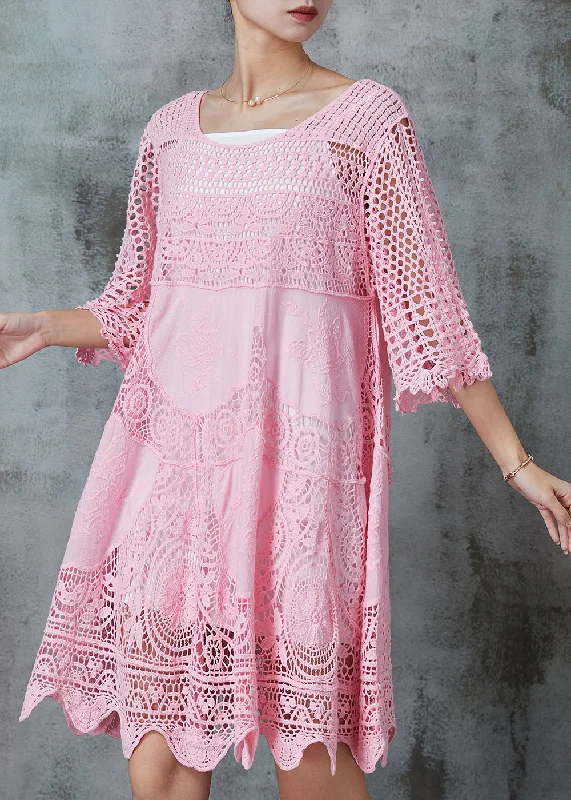 Women Pink Hollow Out Lace Holiday Dress Summer Light Lace Dress