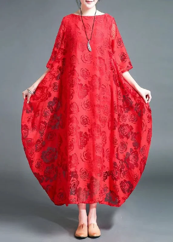 Red Lace vacation Dress Hollow Out Asymmetrical Bracelet Sleeve Lace Dress Glow