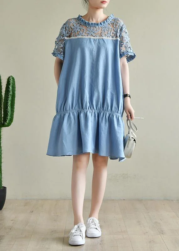 Chic o neck patchwork lace summer dress light blue Dresses Lace Dress Formal