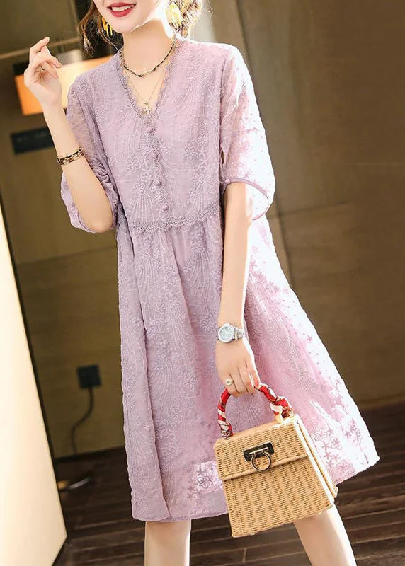 Handmade Light Purple V Neck Embroideried Lace Dresses Summer Sexy Lace Dress