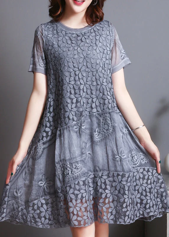 Grey Patchwork Lace Holiday Dress Embroidered Summer Lace Dress Day