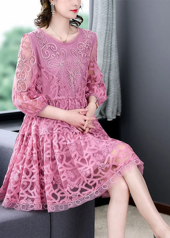 Women Pink Embroideried Tie Waist Lace Mid Dress Bracelet Sleeve Flowy Lace Dress