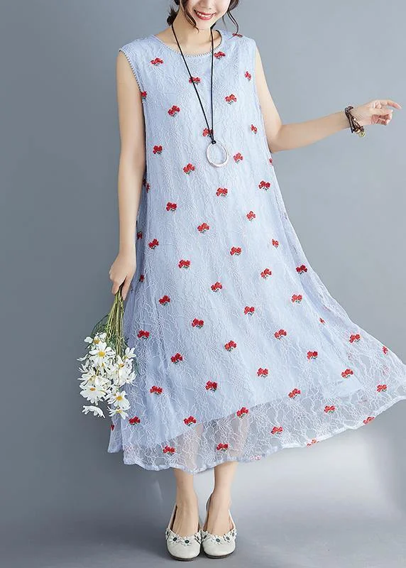 French light blue lace clothes For Women sleeveless Dresses embroidery summer Dress Lace Mini Dress