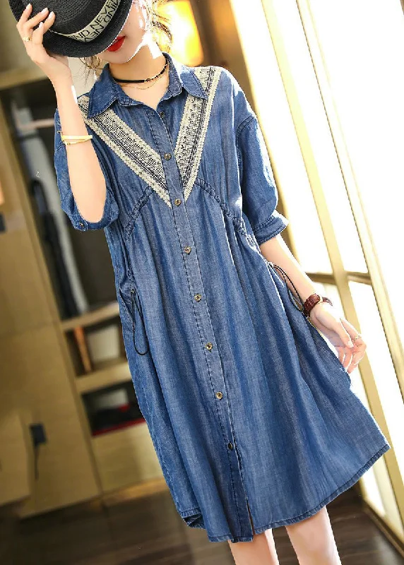 French Blue Embroideried Patchwork Lace Denim Dress Summer Floral Lace Dress