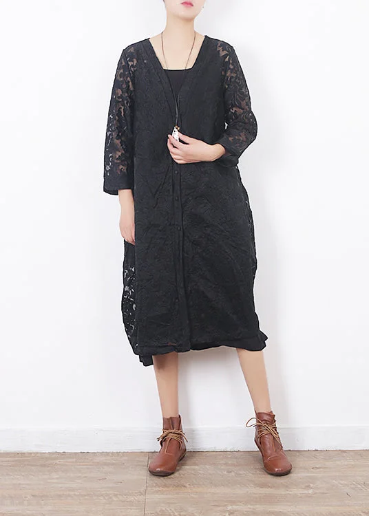 French black lace clothes For Women Omychic Work Outfits v neck loose summer hollow out cardigan Sheer Lace Dress