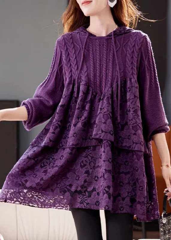 Women Purple Hooded Lace Patchwork Knit Dresses Winter Lace Dress Vibe