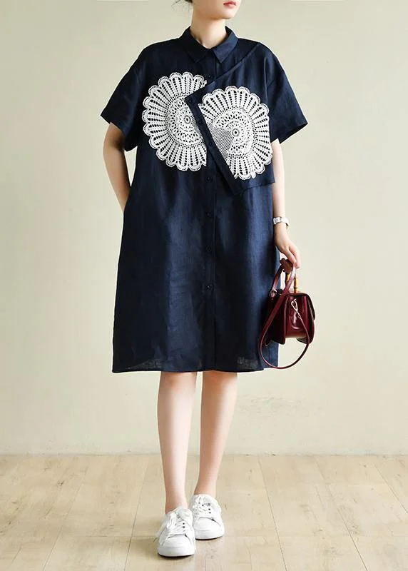 Unique navy tunic dress o neck patchwork lace Art summer Dress Lace Dress Casual