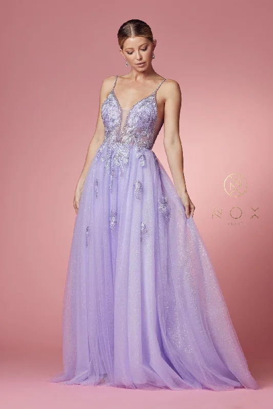 Nox Anabel T1012 Lilac Prom Dress long lace A line Evening Gown Lace Dress Fit