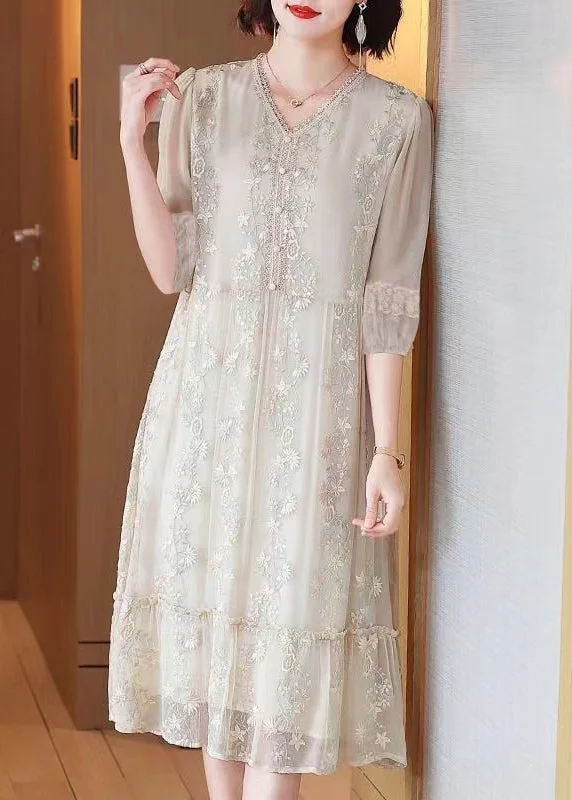 Fashion Beige Embroidered Lace Ruffled Silk Dresses Half Sleeve Ruffled Lace Gown