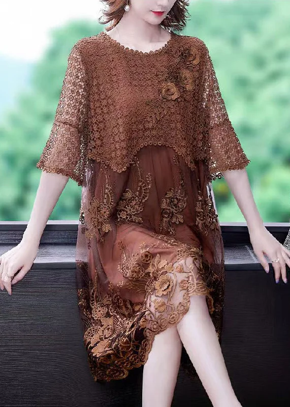 Women Brown O-Neck Embroideried Lace Vacation Dresses Half Sleeve Lace Dress Summer