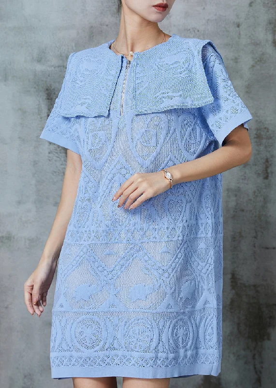 Elegant Sky Blue Sailor Collar Embroidered Lace Dress Summer Lace Dress with Belt