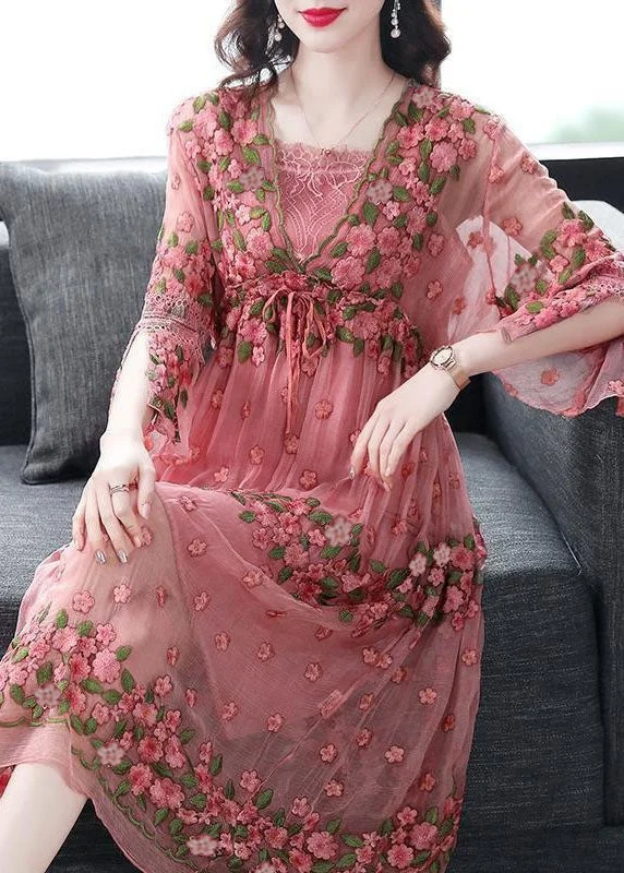 Beautiful Pink Embroideried Lace Up Silk Robe Dresses Flare Sleeve Vintage Lace Dress