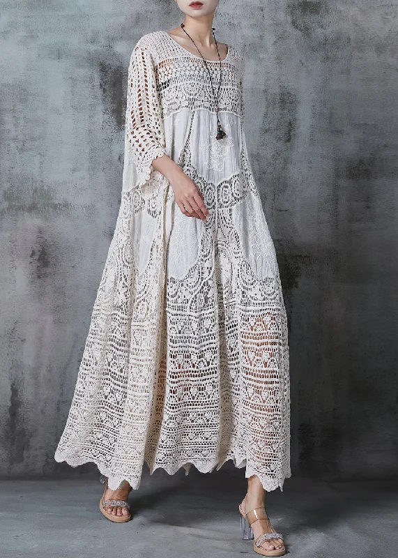 Women White Oversized Hollow Out Lace Long Dress Summer Lace Party Gown