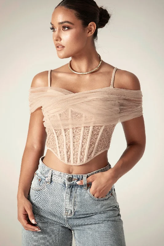 Paris Lace Off Shoulder Corset Top (Nude) Romantic Lace Dress