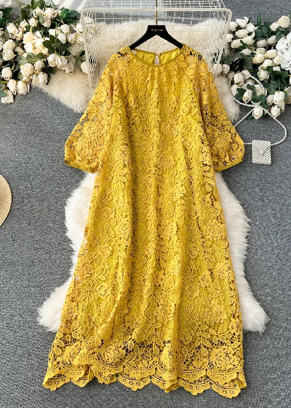 French Yellow O Neck Hollow Out Lace Dresses Summer Lace Overlay Dress