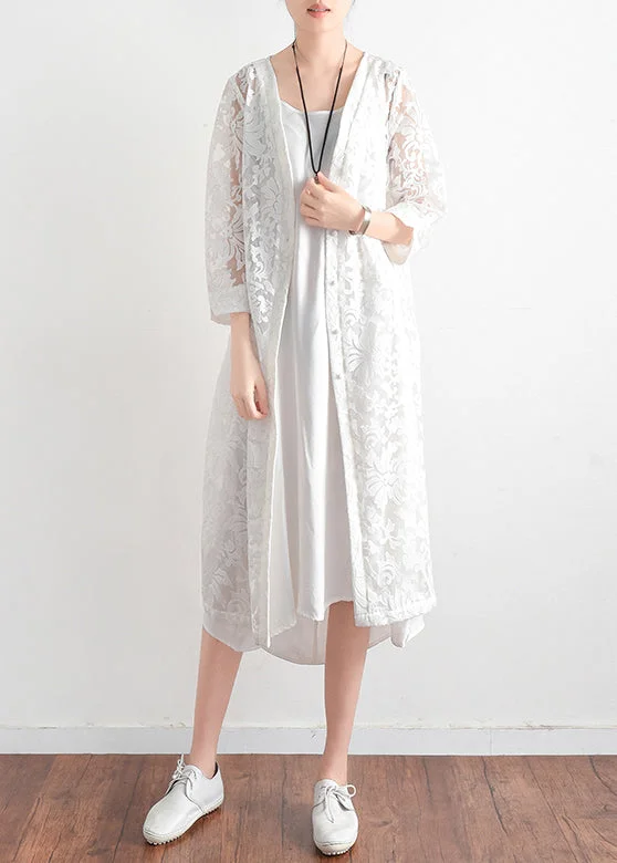 diy white lace clothes Women Cotton v neck daily summer hollow out cardigan Lace Dress Glamour