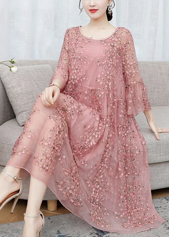 Loose Pink Embroideried Ruffled Lace Up Silk Dresses Flare Sleeve Lace Dress Layers