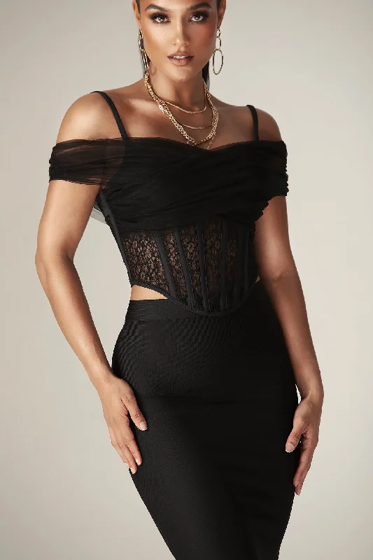 Paris Lace Off Shoulder Corset Top (Black) Chic Lace Dress