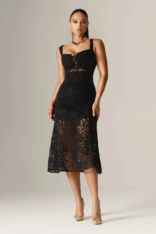 Harley Straps Lace Guipure Midi Dress (Black) Long Sleeve Lace Dress