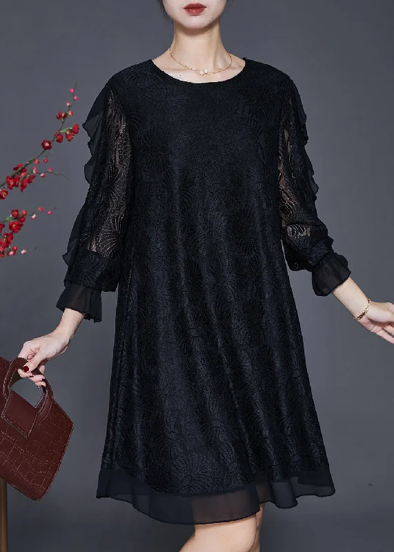 Organic Black Hollow Out Lace Vacation Dresses Butterfly Sleeve Lace Dress Classic