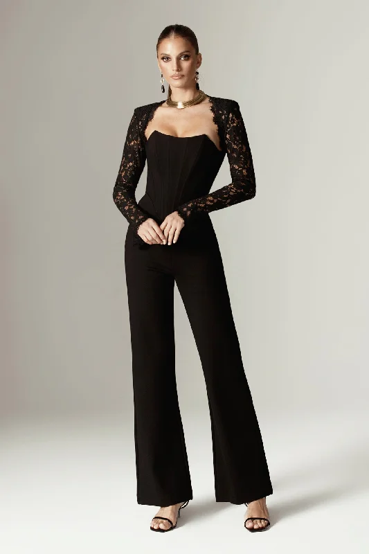 Marisol Guipure Lace Corset Jumpsuit (Black) Black Lace Dress