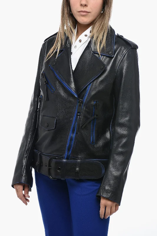 Off-White Leather Oversized Biker Jacket with Contrasting Trims Women's breathable jackets