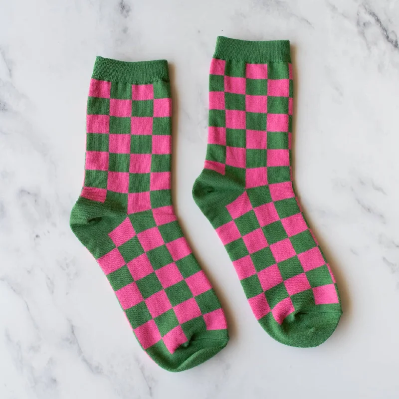 The Checkered Printed Socks - Green & Pink Polyester pajama sets