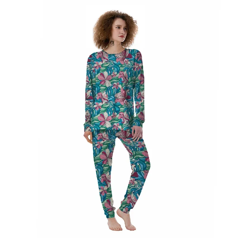 Tropical Blossom Teal Pink Print Pattern Women's Pajamas H&M pajama sets