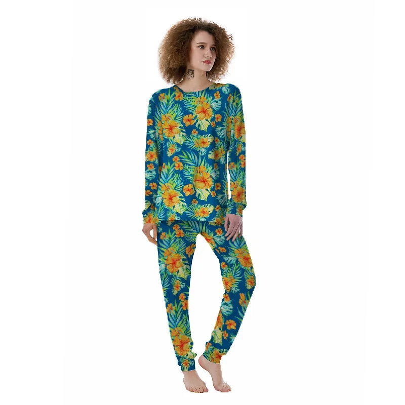 Tropical Hawaiian Blue Orange Print Pattern Women's Pajamas Nursing pajama sets