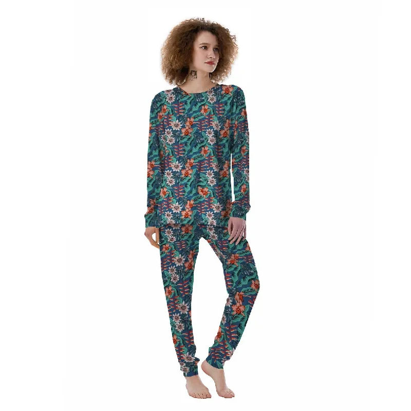 Tropical Leaf Teal Print Pattern Women's Pajamas Camisole pajama sets